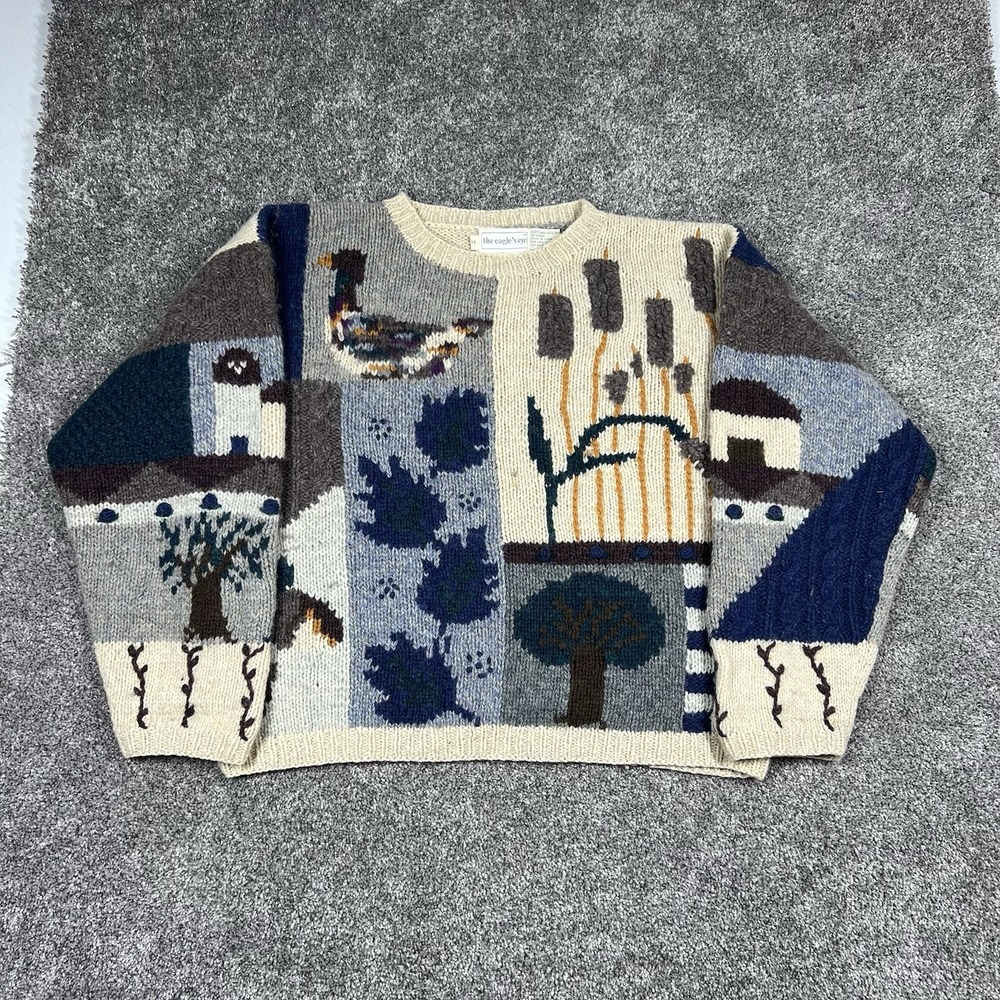 Vintage 80s Eagle's Eye Shetland Wool Floral Nature Patchwork Hand Knit Sweater